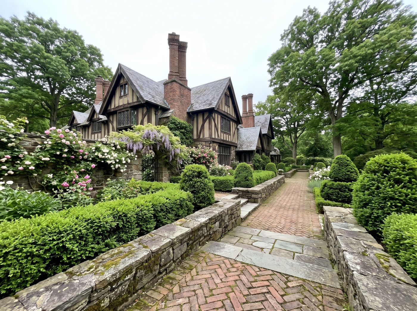 Herringbone Brick Path Beside Tudor Manor