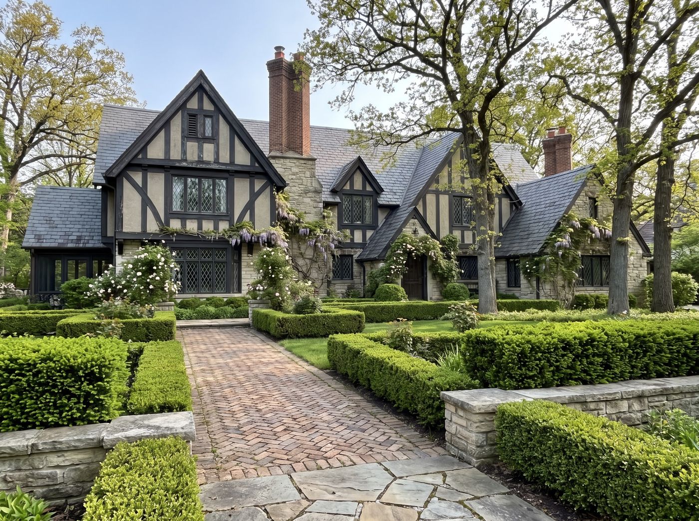 Herringbone Brick Walkway and Tudor Facade