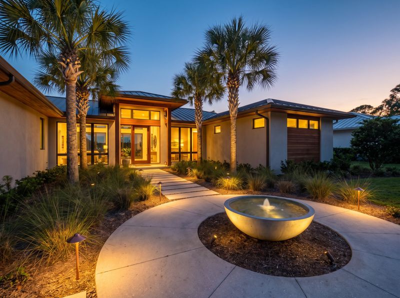 Illuminated Front Walkway with Concrete Fountain