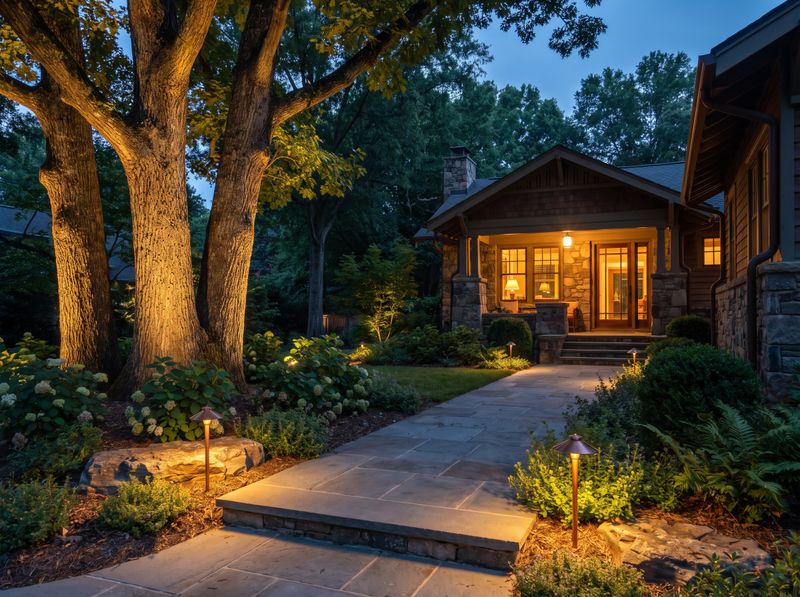 Illuminated Stone Walkway Beside Mature Trees