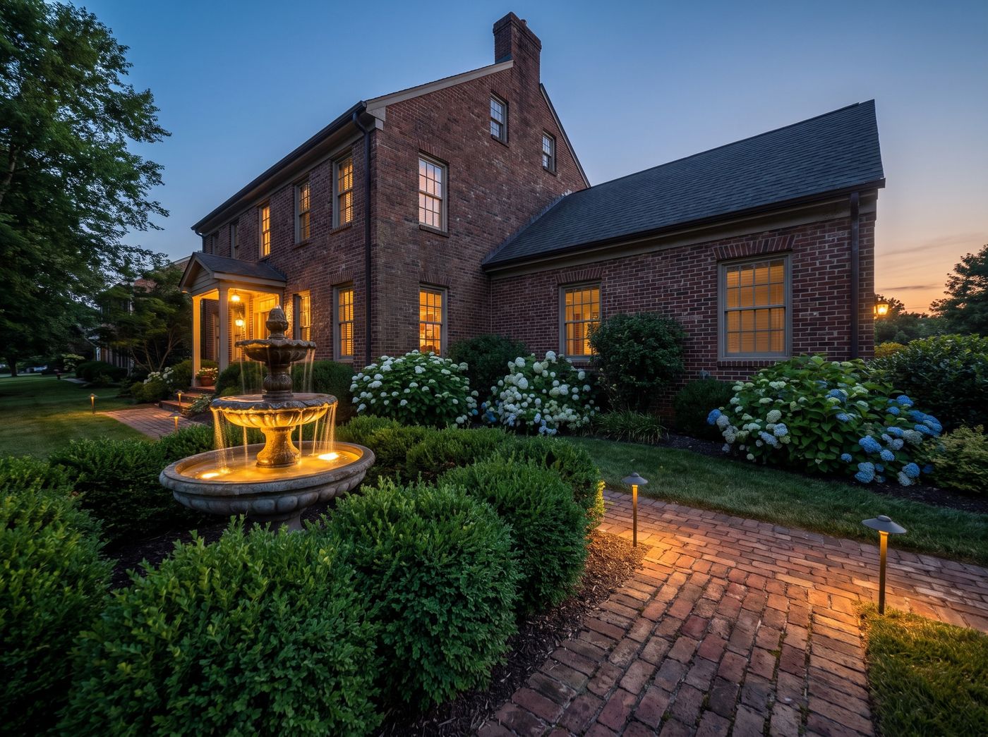Illuminated Tiered Fountain beside Brick Walkway