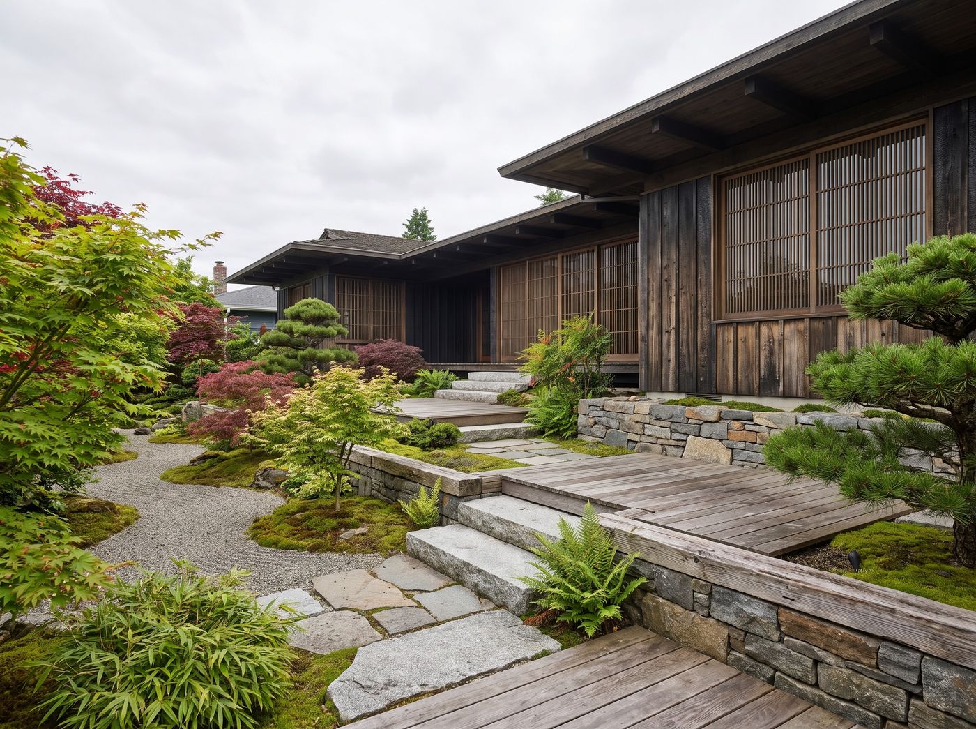 Japanese Courtyard Terraces with Raked Gravel