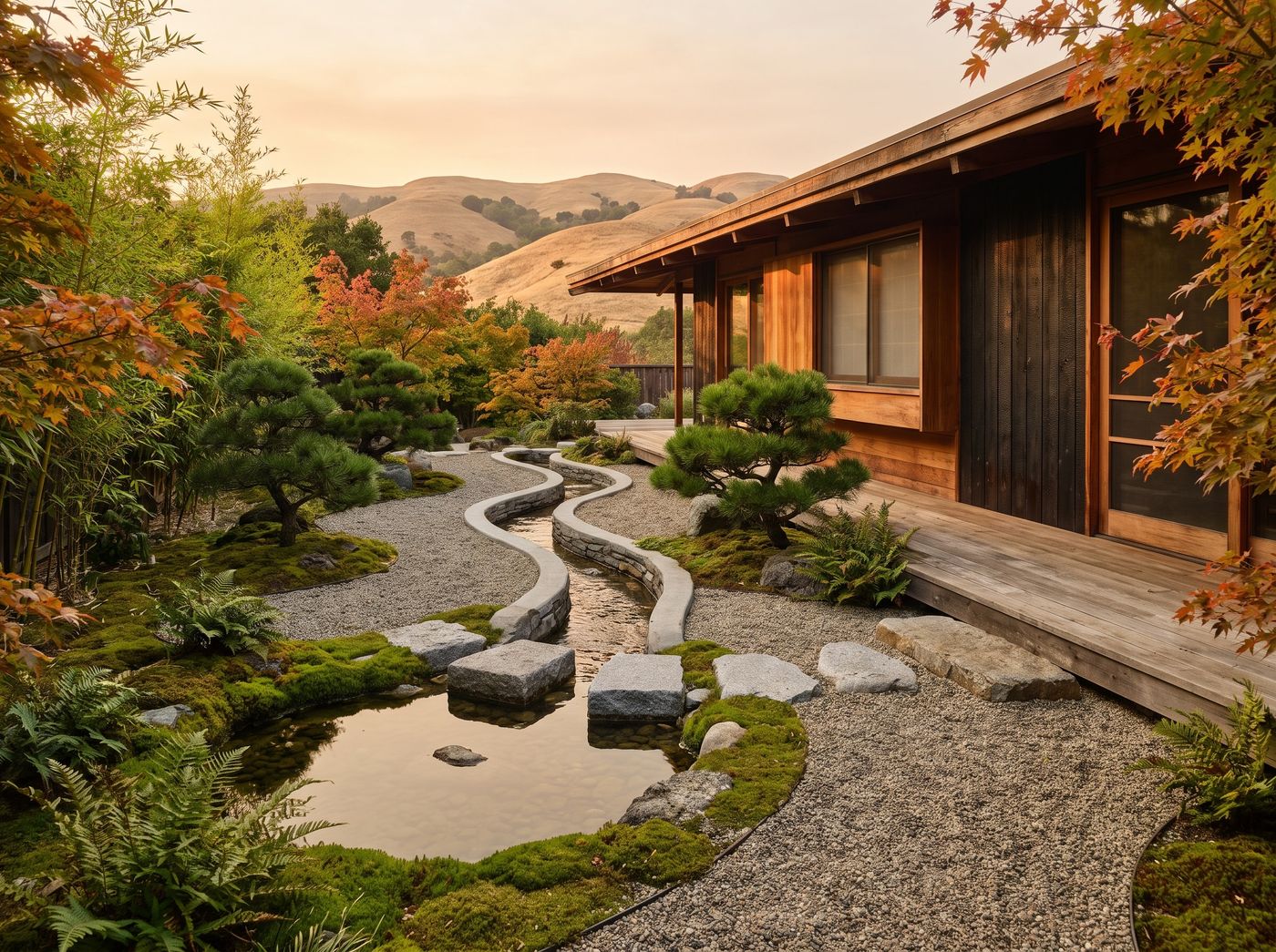 Japanese Garden with Winding Water Feature