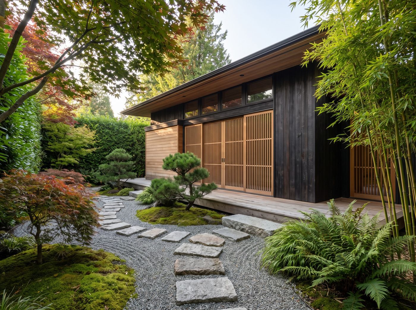 Japanese Pavilion Beside Raked Gravel Garden