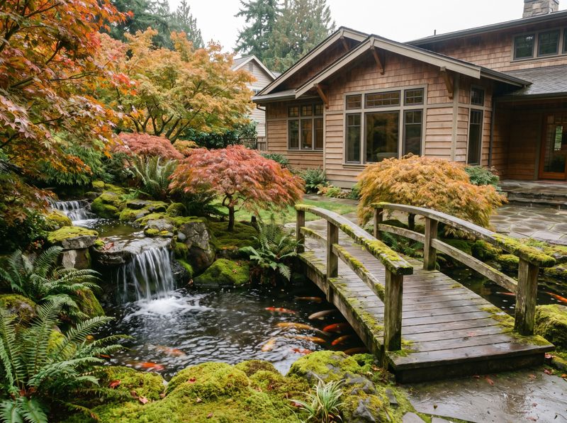 Koi Pond with Wooden Footbridge and Waterfall