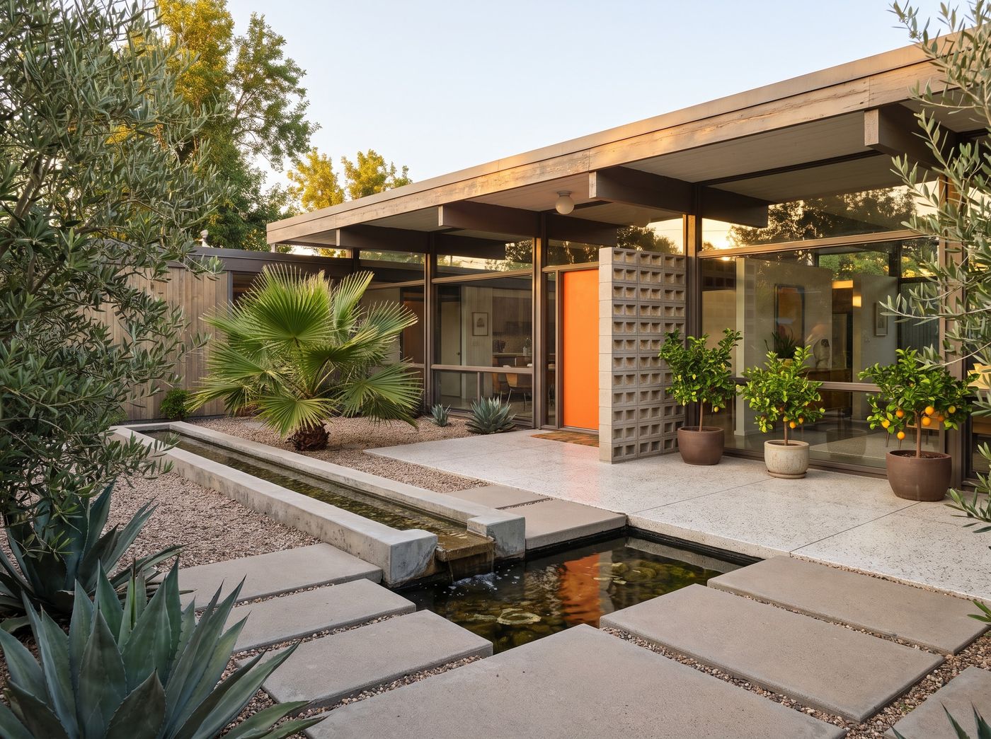 Mid-Century Courtyard with Concrete Water Feature
