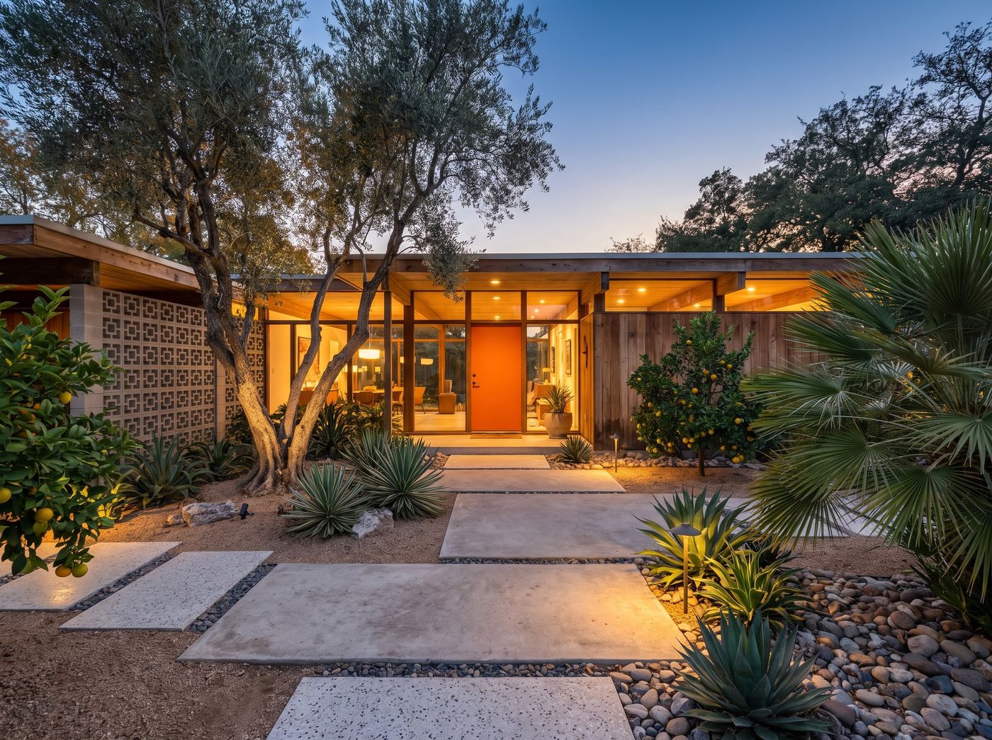 Mid-Century Entryway with Breeze Block Wall