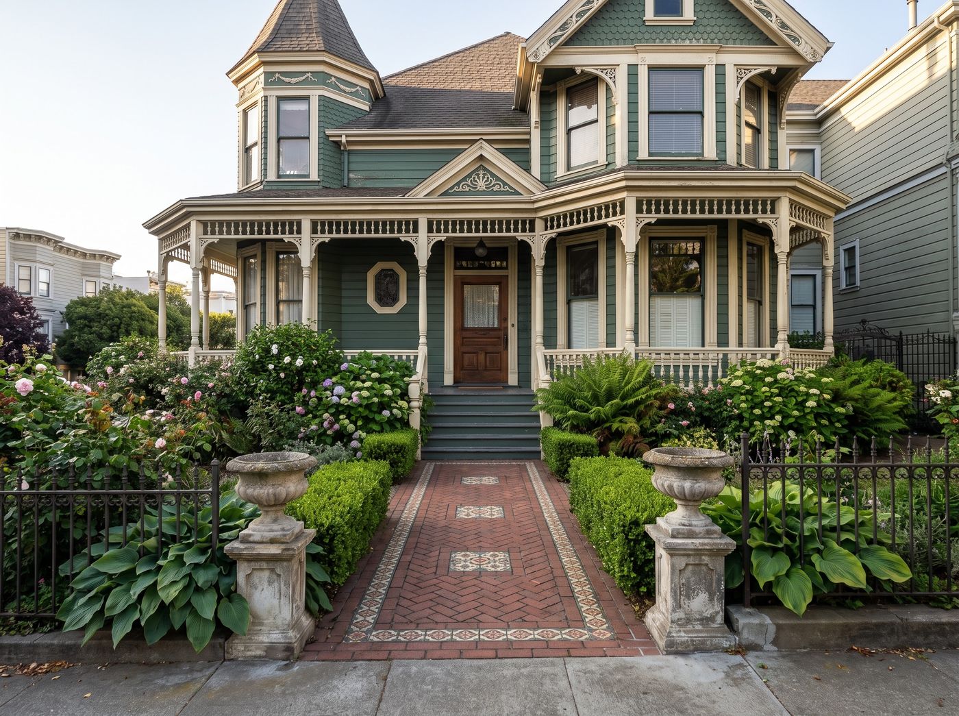Patterned Tile Walkway to Victorian Porch