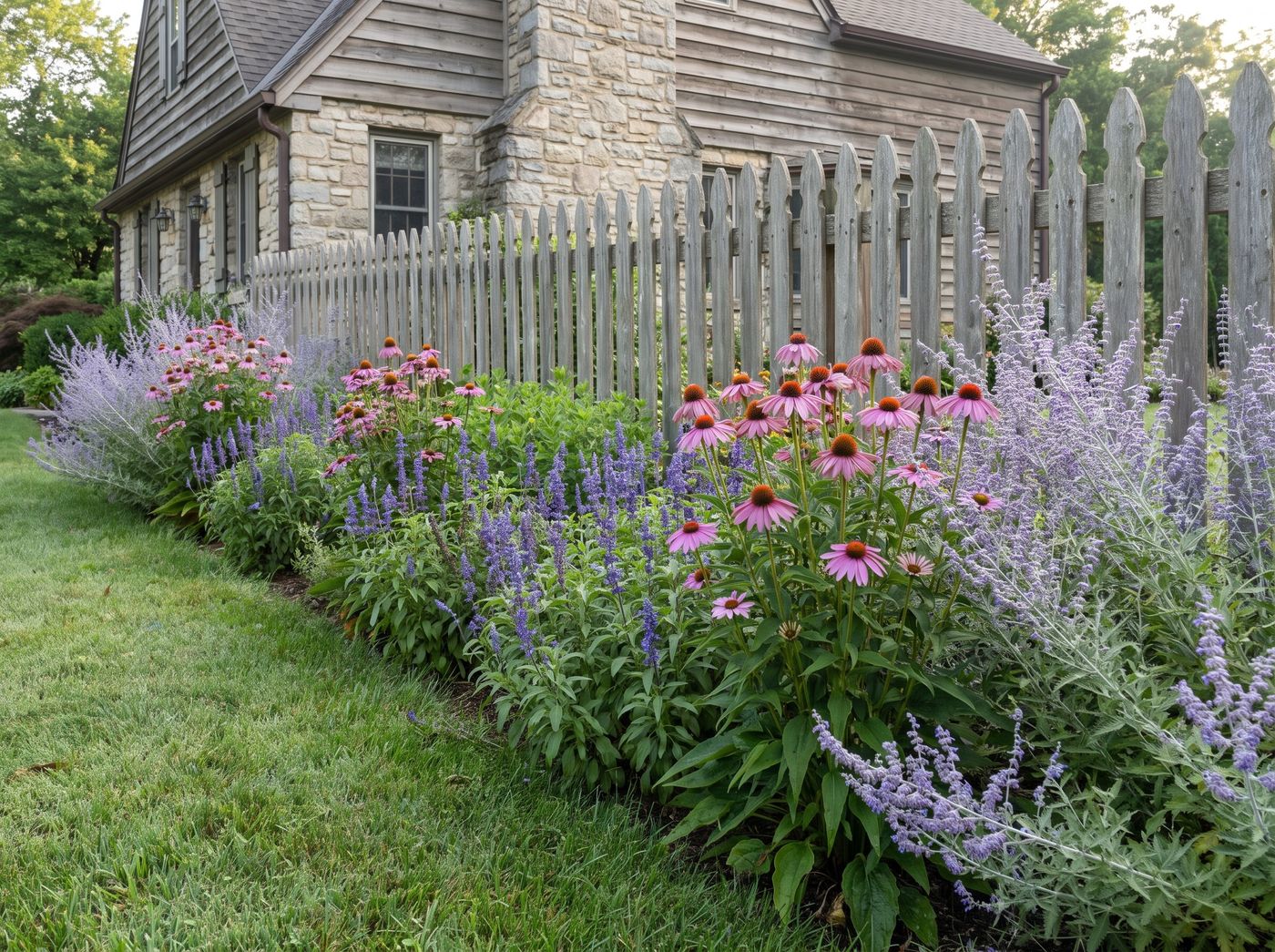 Perennial Flower Border Along Wooden Fence