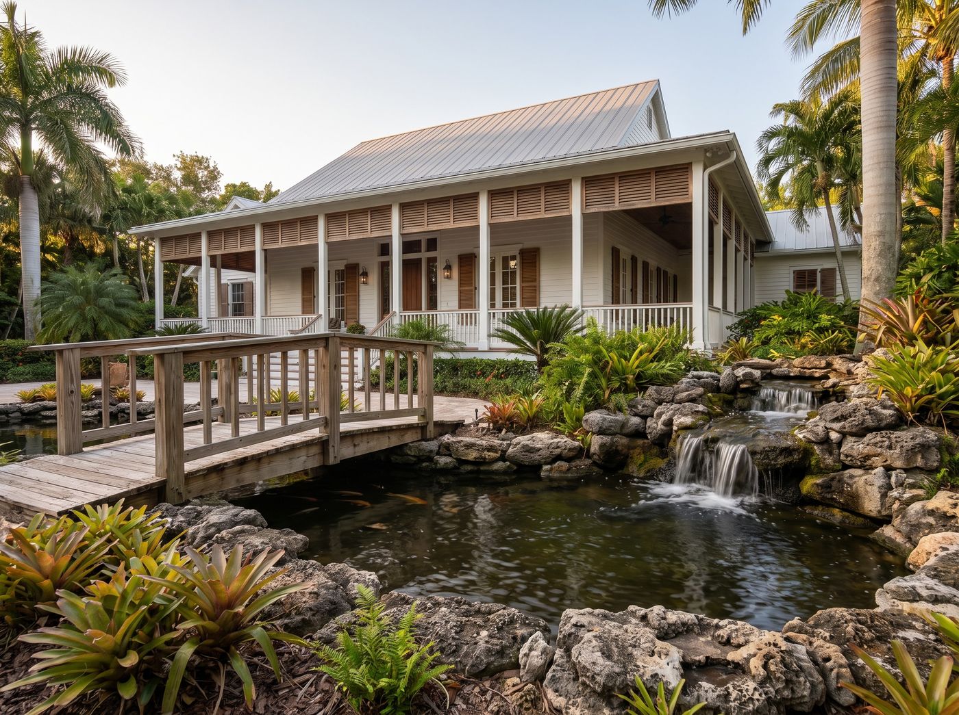 Rock Waterfall Pond with Wooden Footbridge