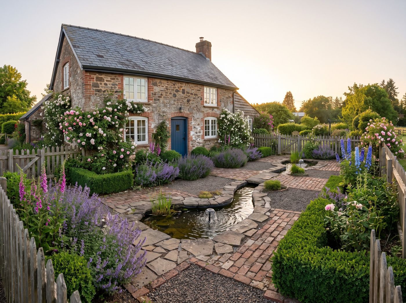 Stone Cottage with Curving Fountain Pond