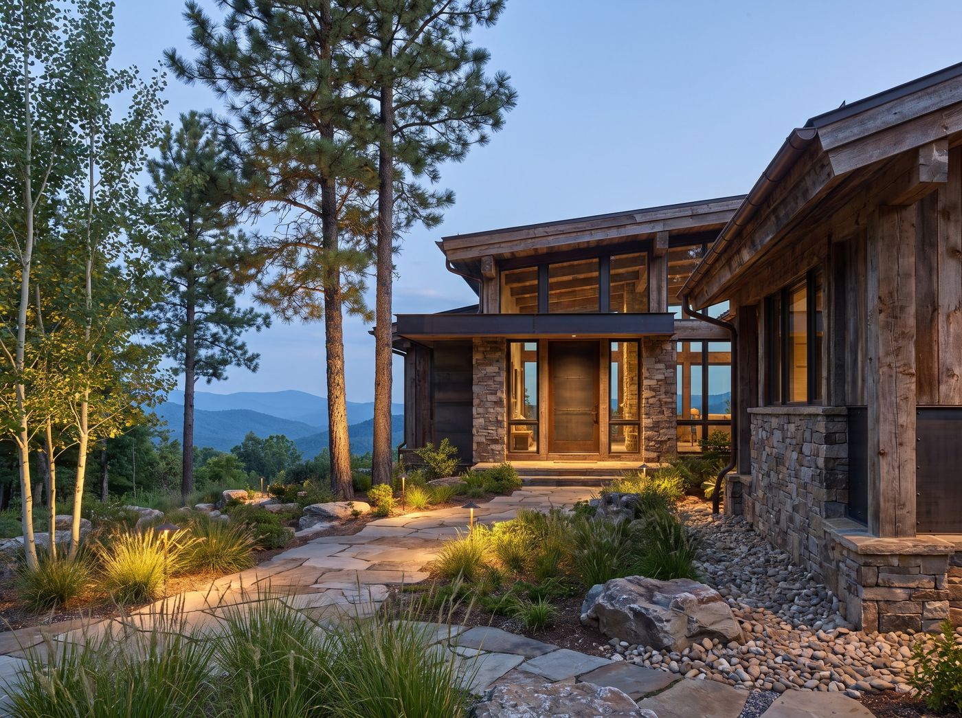 Stone Entry Walkway Beside Mountain Pines