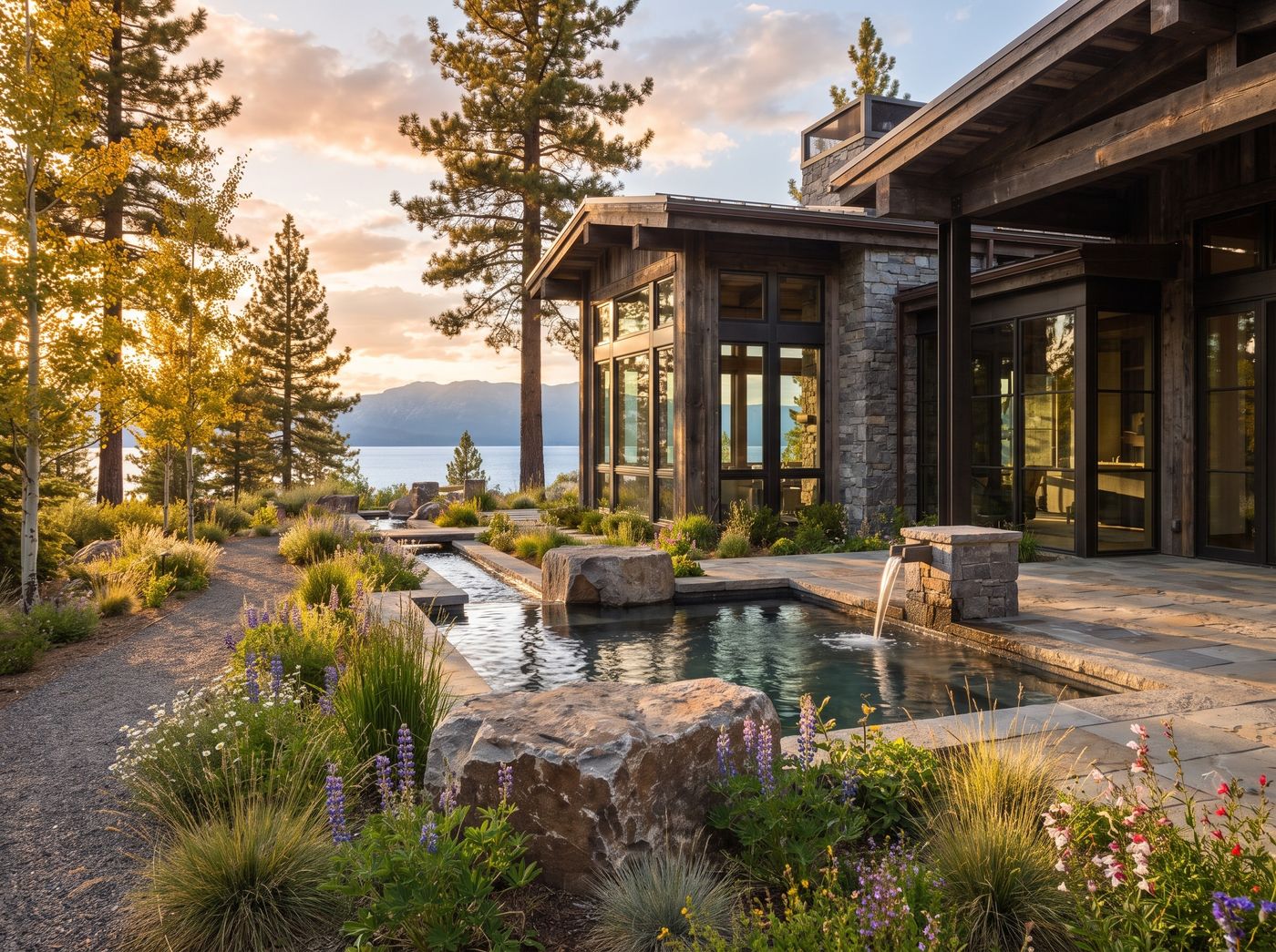 Stone Pond and Fountain Beside Mountain Home
