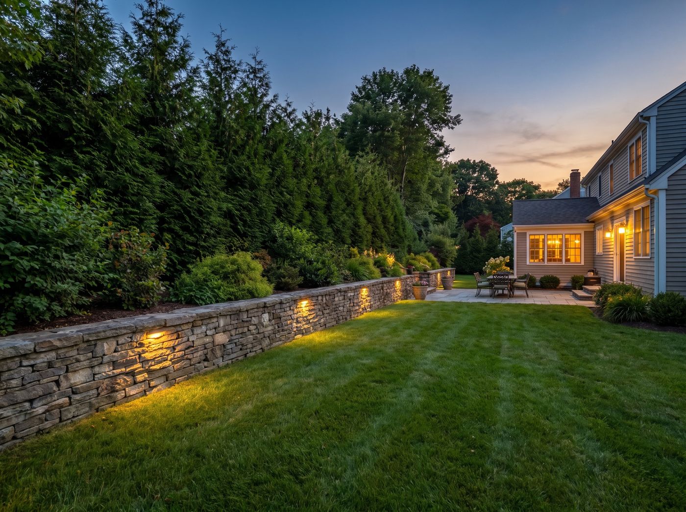 Stone Retaining Wall with Arborvitae Hedge