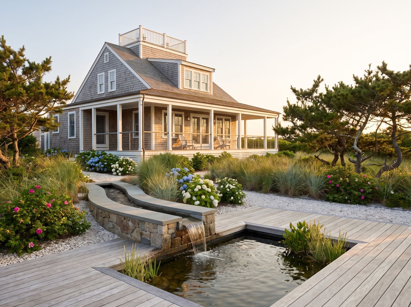 Stone Water Feature Flowing into Pond