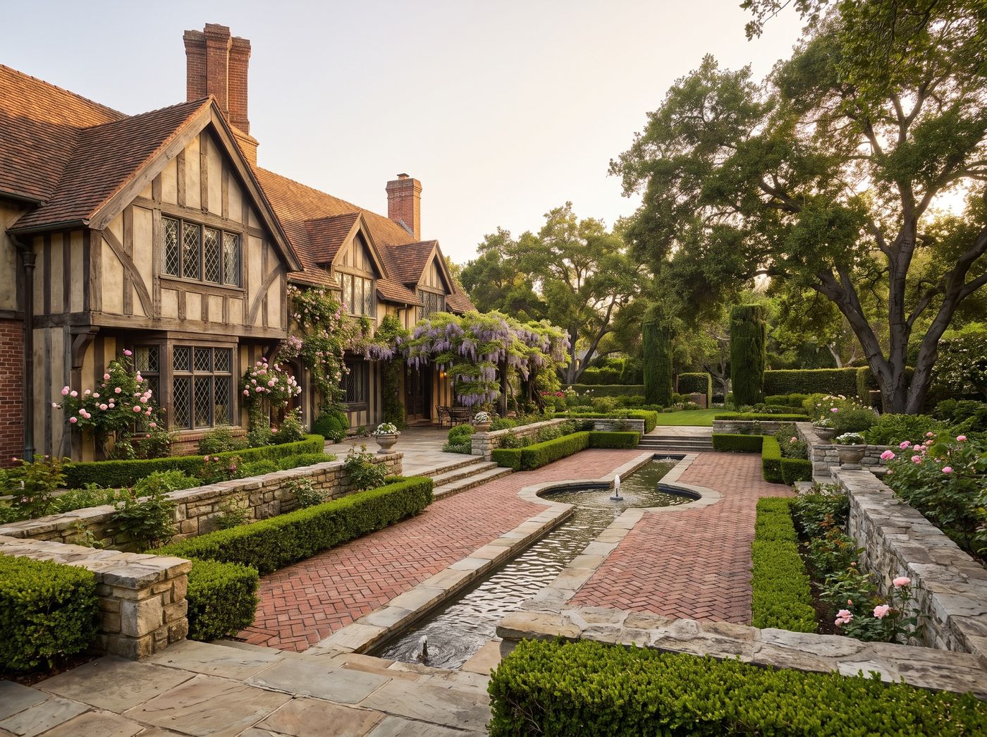 Sunken Brick Terrace with Linear Fountain