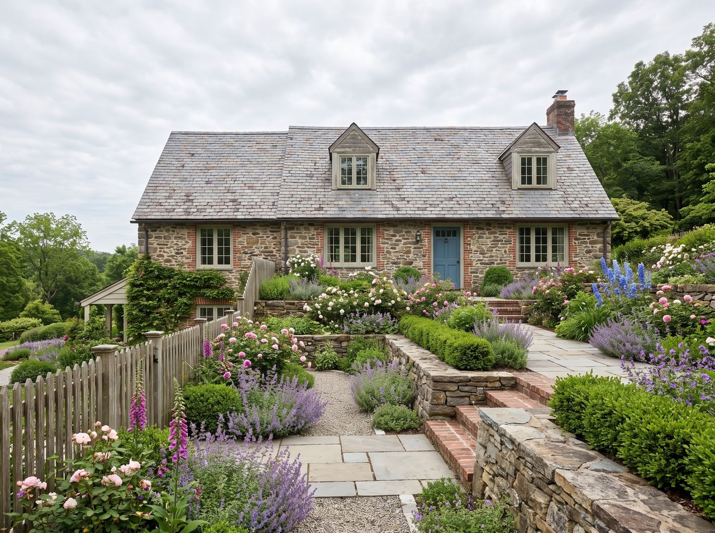 Terraced Cottage Garden with Stone Walls