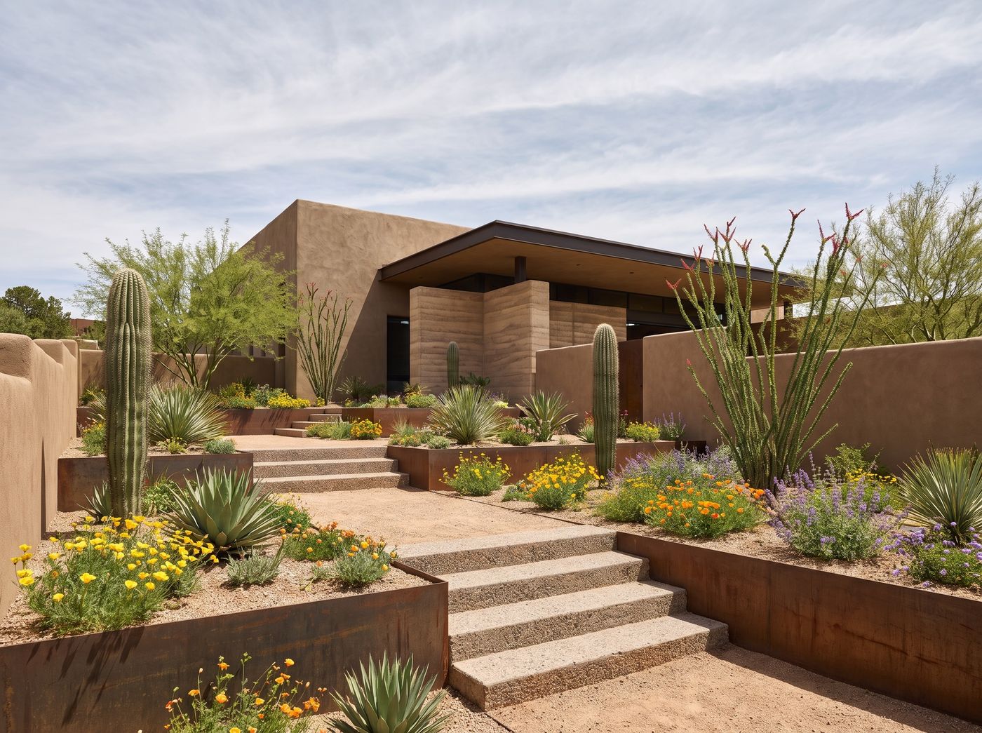 Terraced Desert Landscaping with Concrete Steps