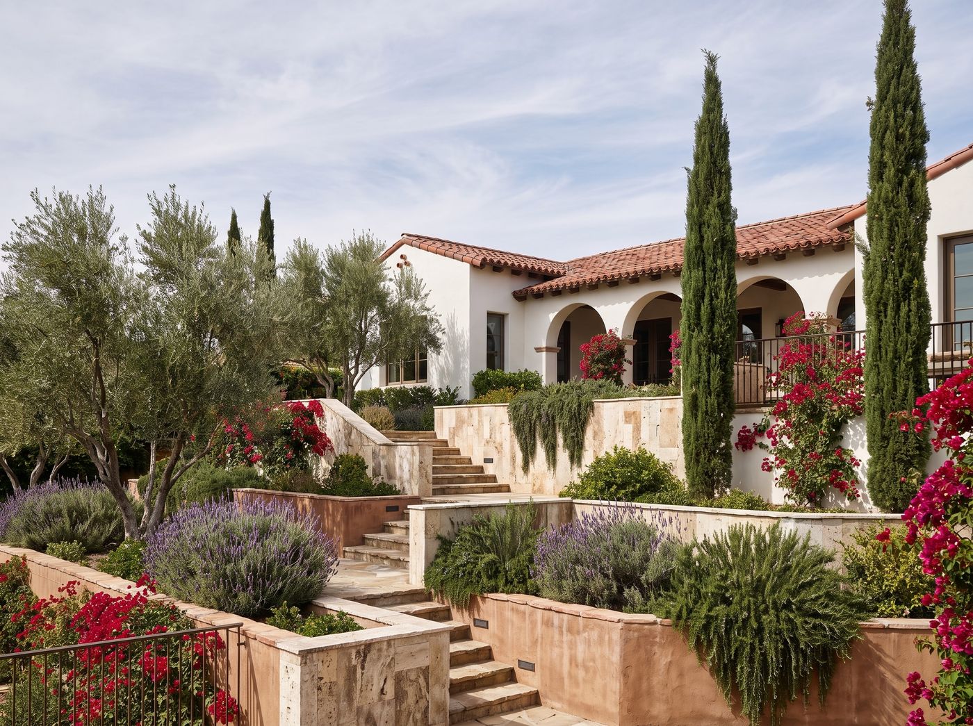 Terraced Garden Steps Below Arched Villa