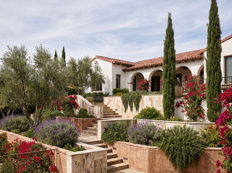 Terraced Garden Steps Below Arched Villa
