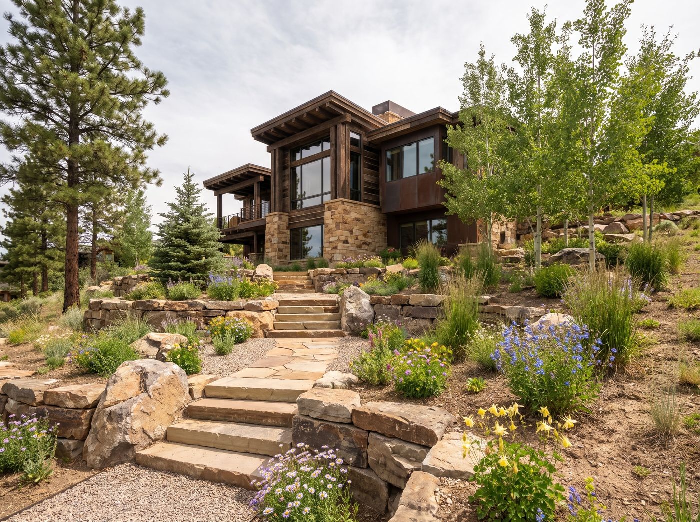 Terraced Stone Steps Leading to Mountain Home