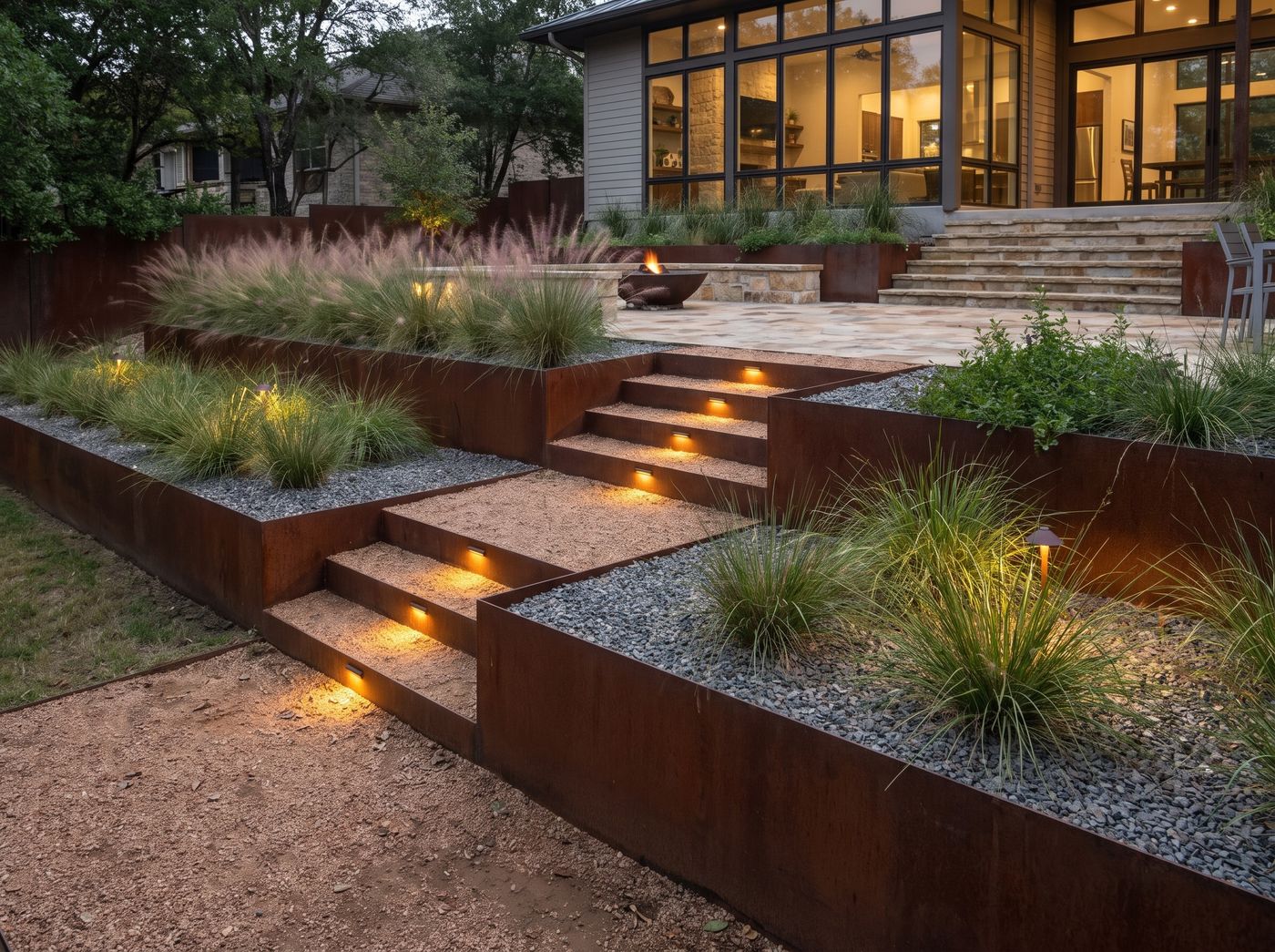 Tiered Steel Retaining Walls and Steps