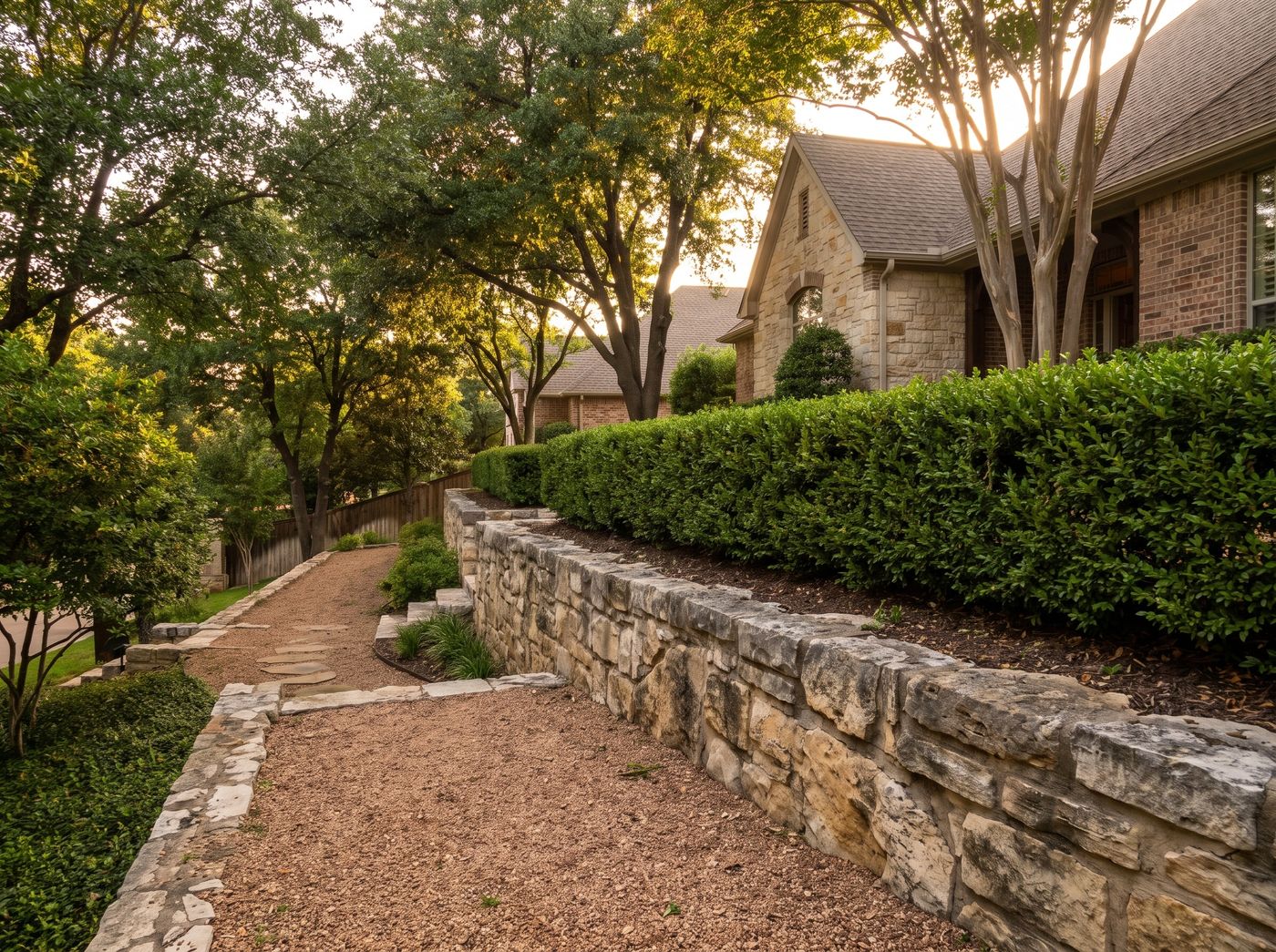 Tiered Stone Retaining Wall and Hedge