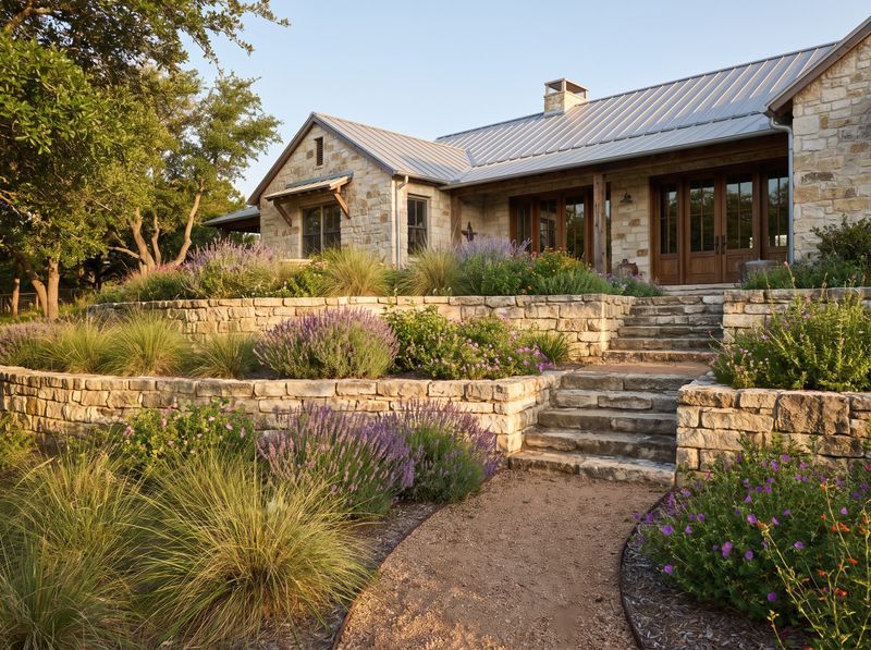 Tiered Stone Terraces with Purple Lavender