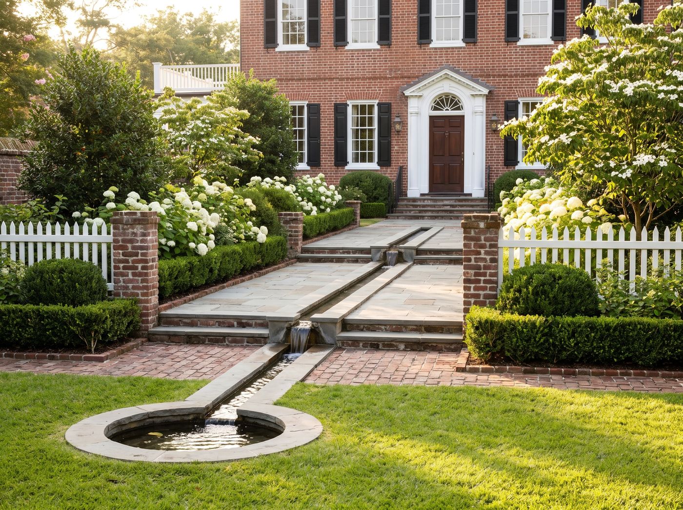 Tiered Water Feature Leading to Circular Pond
