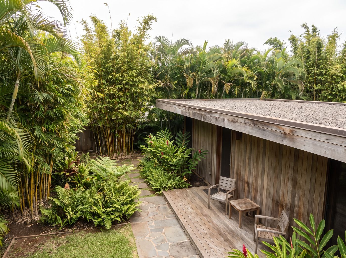 Timber Deck Bordered by Tropical Palms