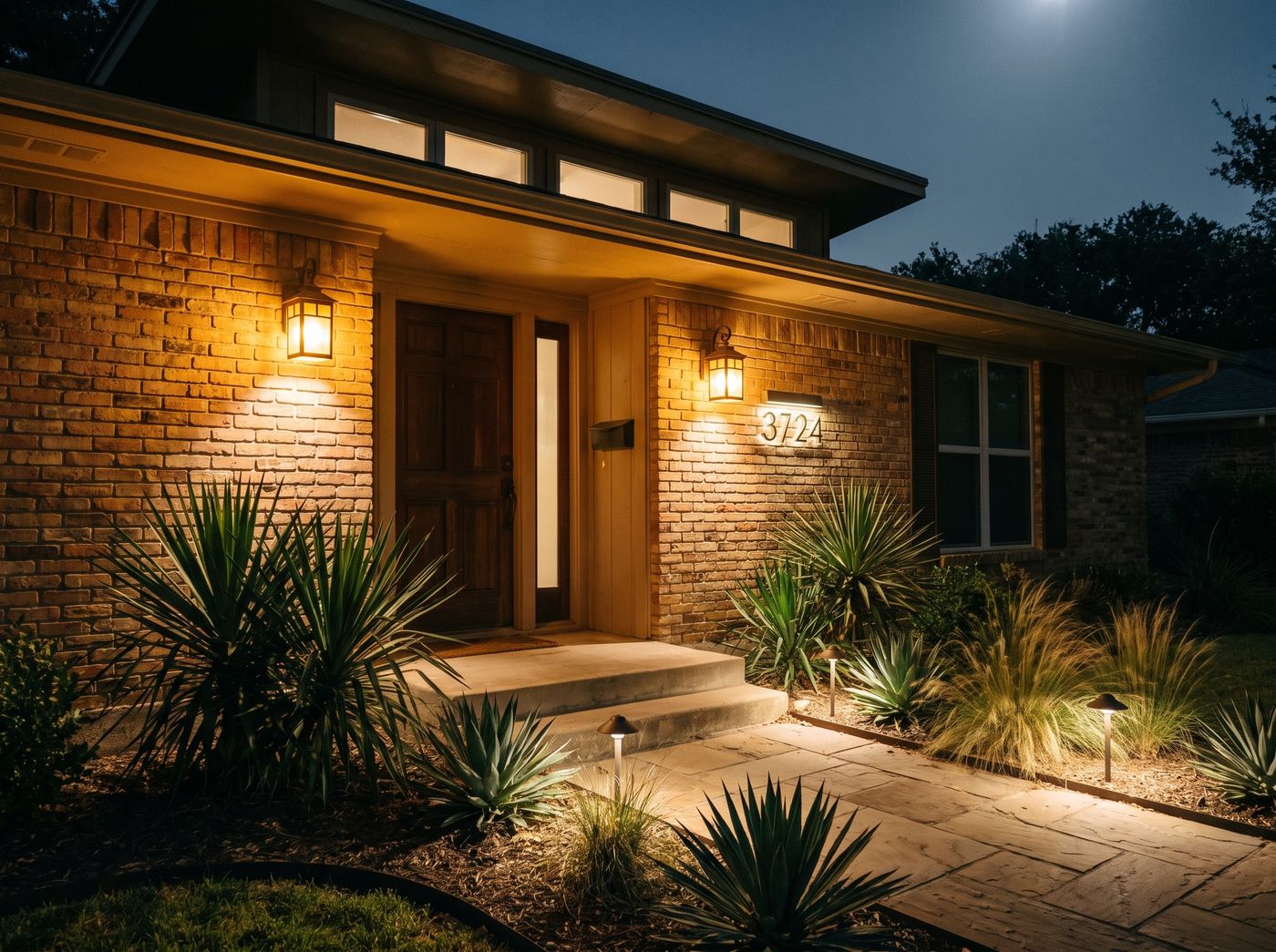 Brick Façade Entry with Glowing Lanterns