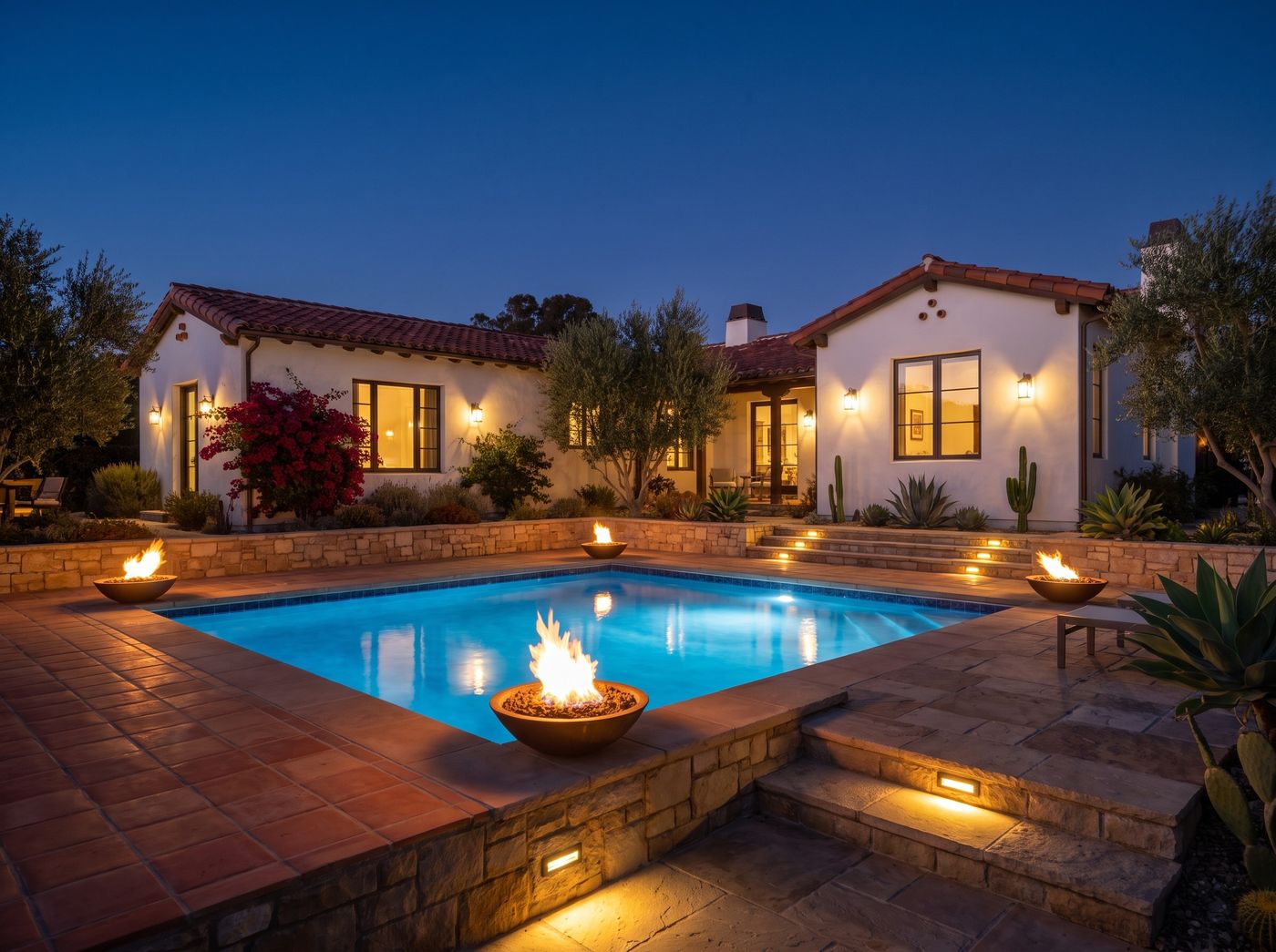 Courtyard Pool Flanked by Fire Bowls