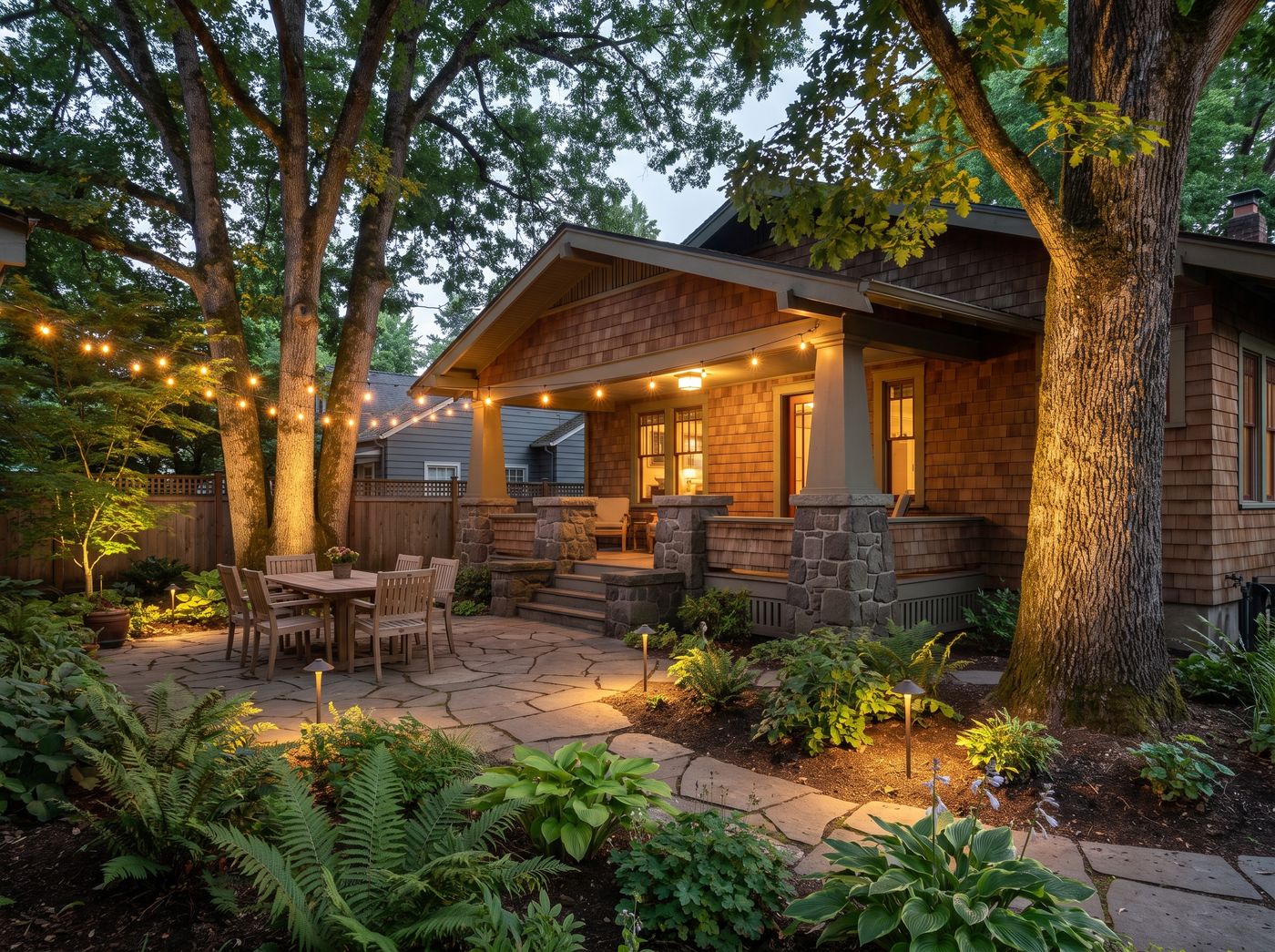 Flagstone Dining Terrace with String Lights