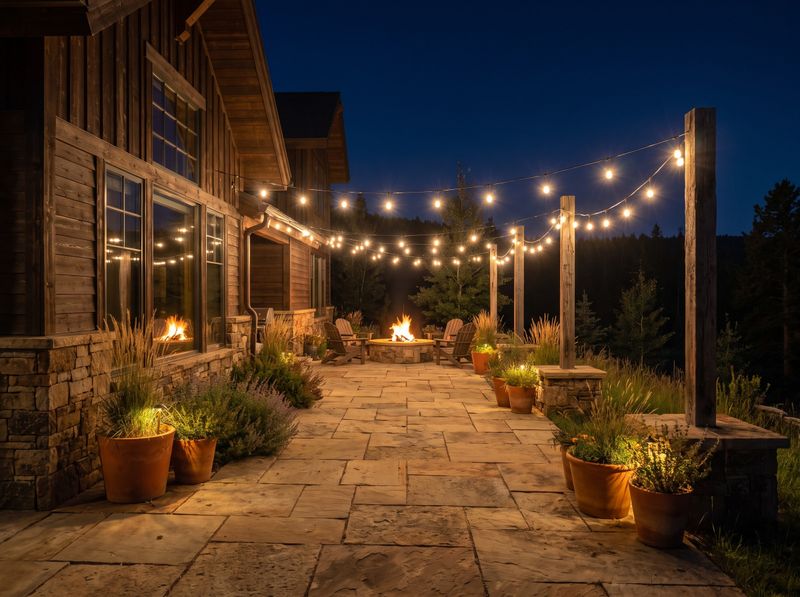 Flagstone Terrace with Overhead String Lights