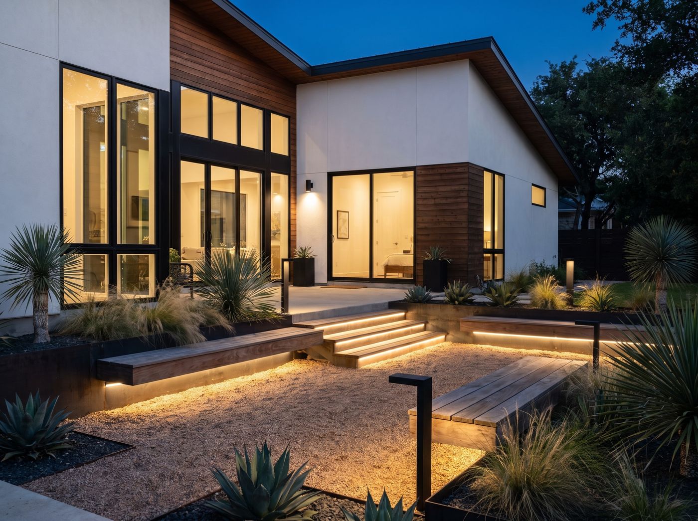 Floating Benches Beside Illuminated Patio Steps