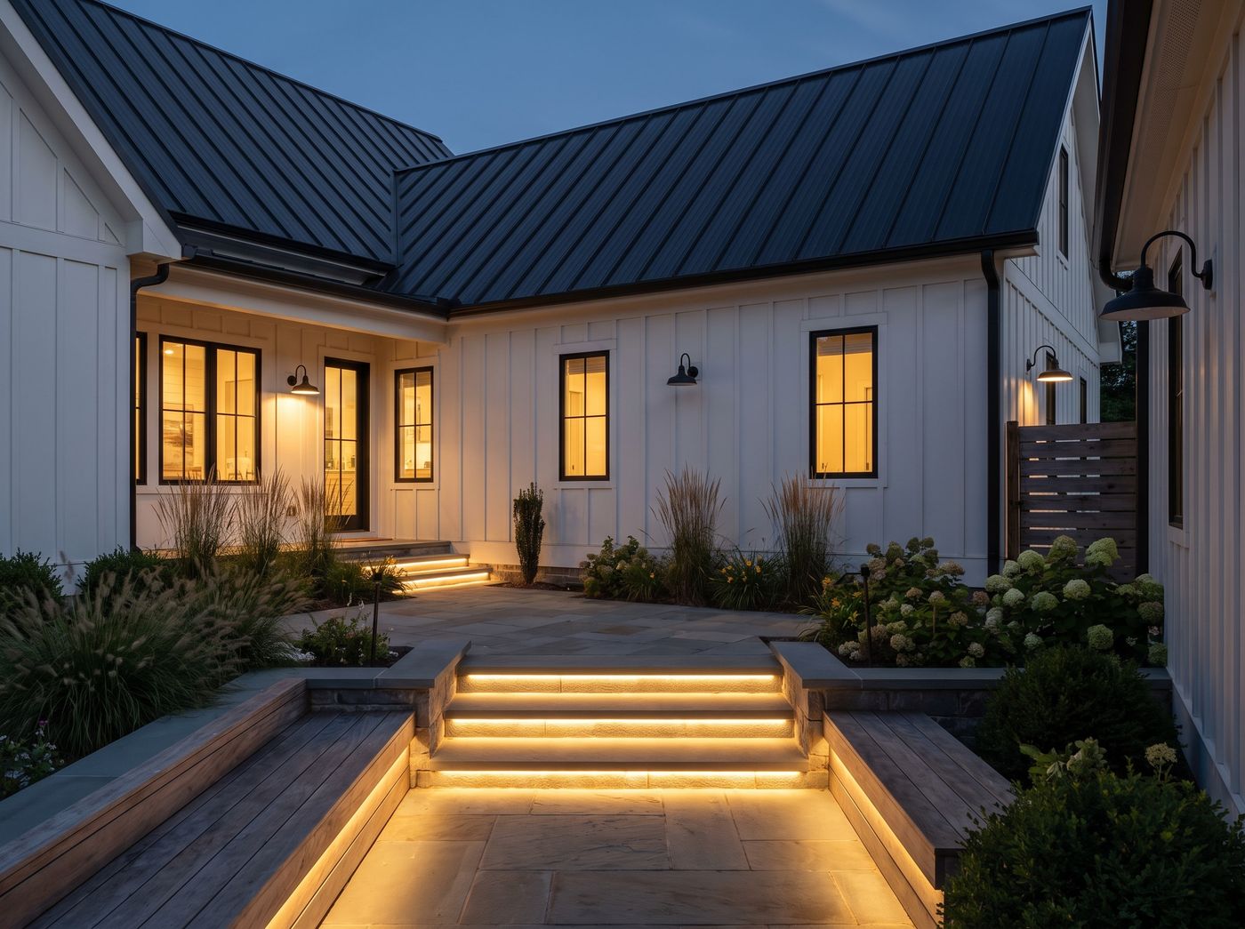 Illuminated Stone Steps and Built-In Benches