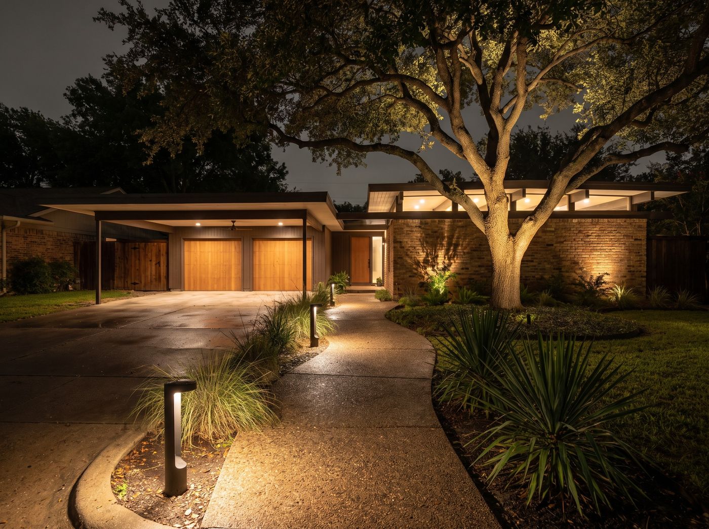 Mid-Century Entry Path with Bollard Lights