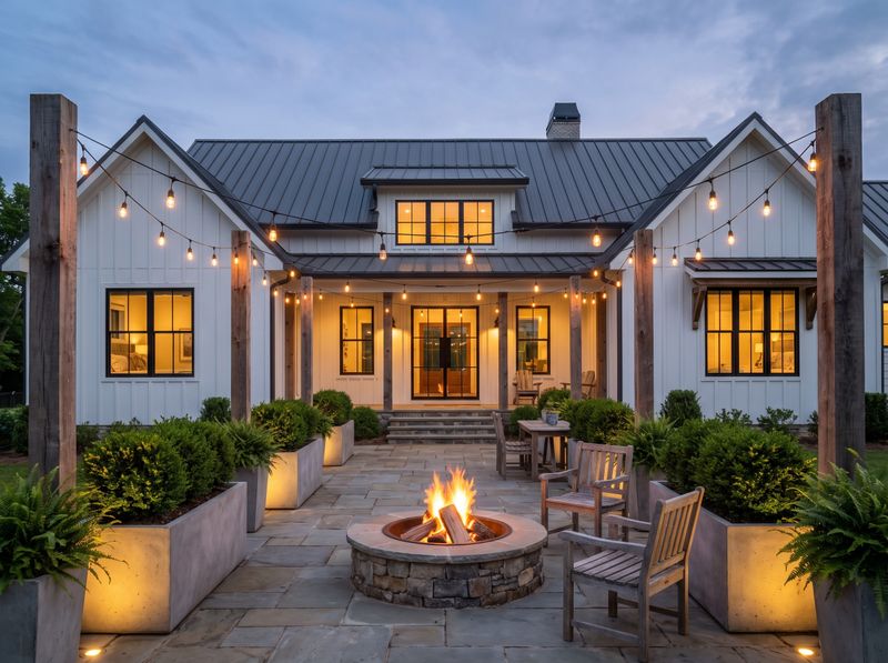 Overhead String Lights Above Stone Fire Pit