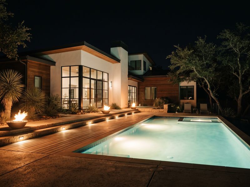 Rectangular Pool with Glowing Fire Bowls
