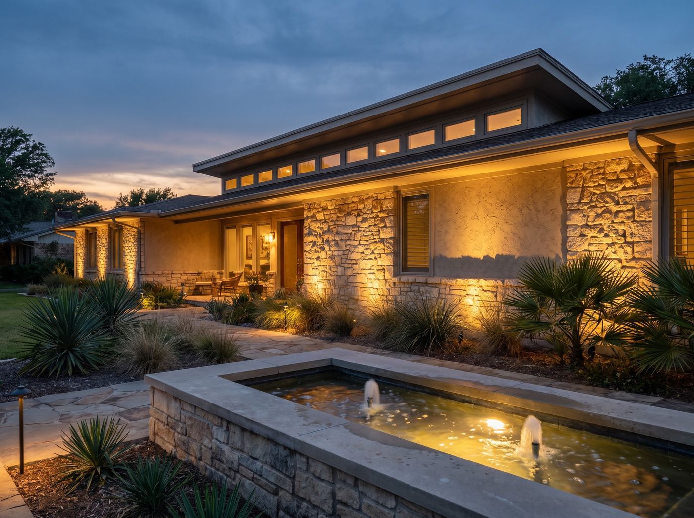 Stone Façade with Illuminated Water Feature