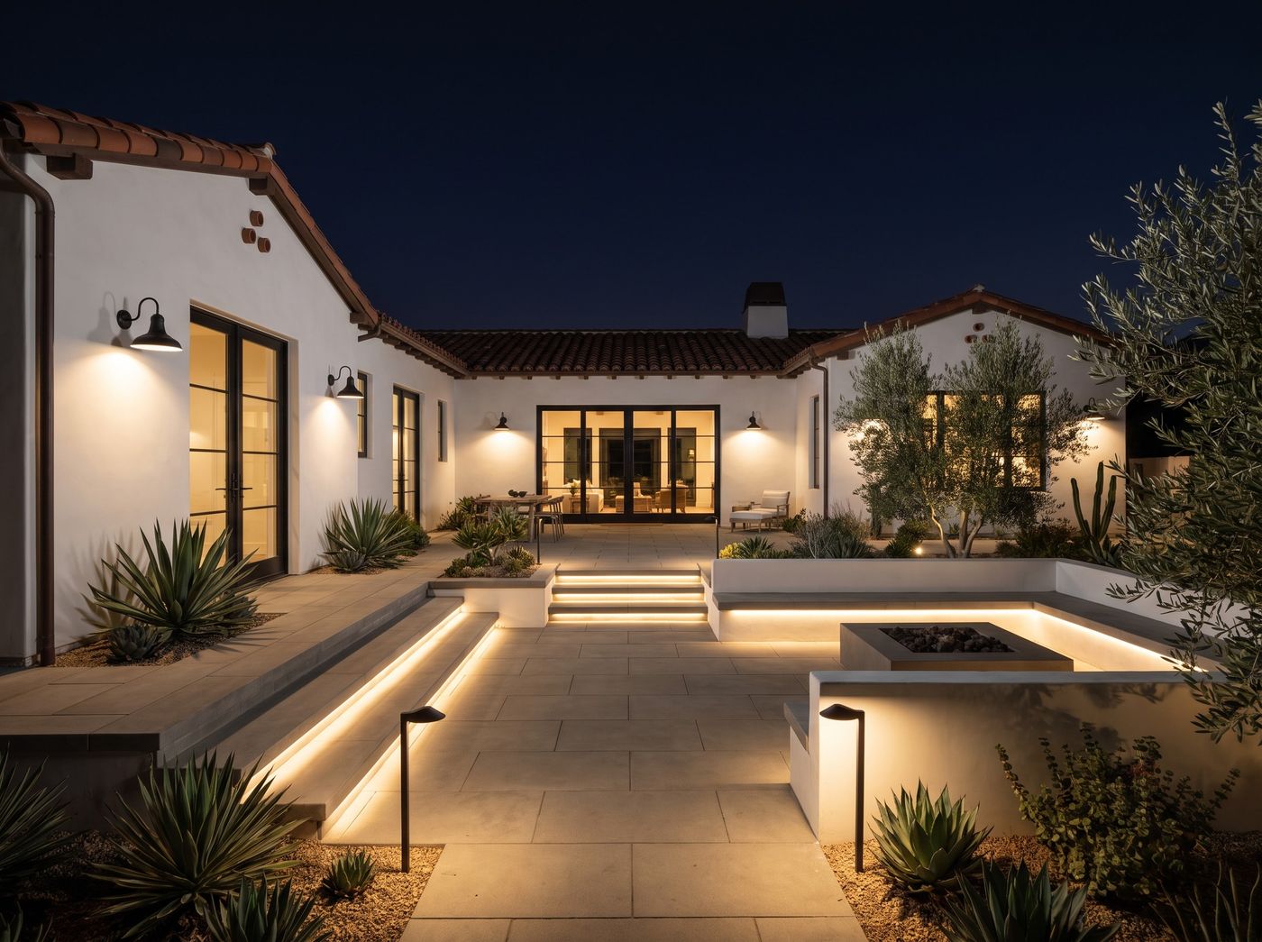 Sunken Courtyard Patio with Linear LED Lighting