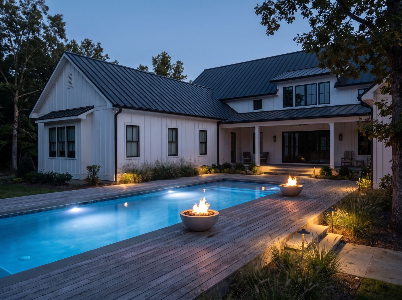 Timber Pool Deck with Fire Bowls