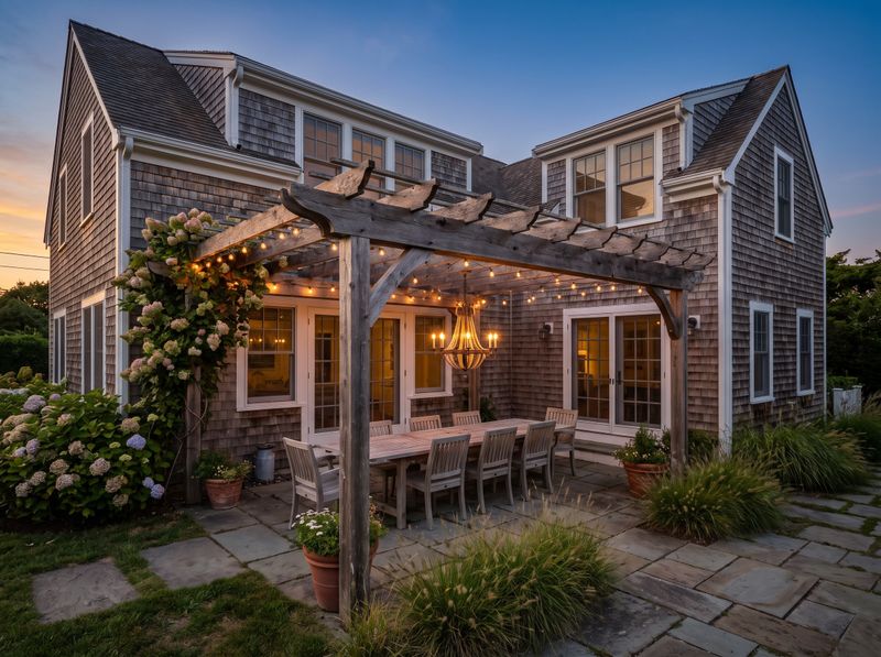 Weathered Timber Pergola with Hanging Chandelier