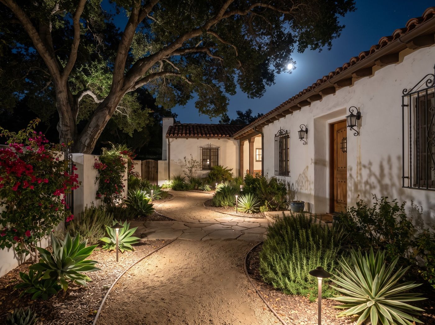 Winding Courtyard Walkway with Path Lights