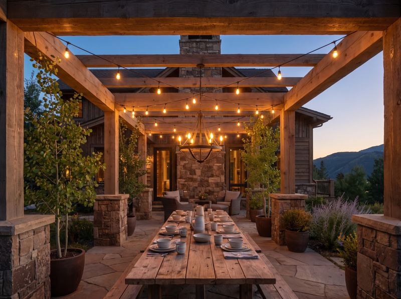 Wood Pergola Dining Lit by Chandelier