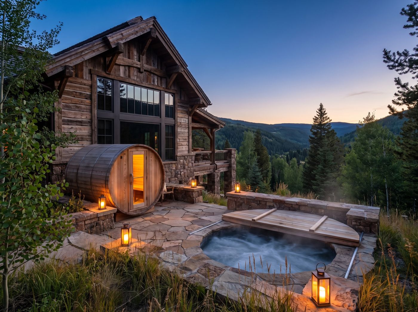 Barrel Sauna Beside Sunken Plunge Pool