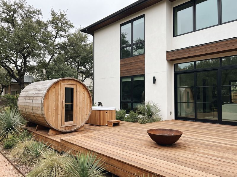 Barrel Sauna on Multi-Level Wood Deck