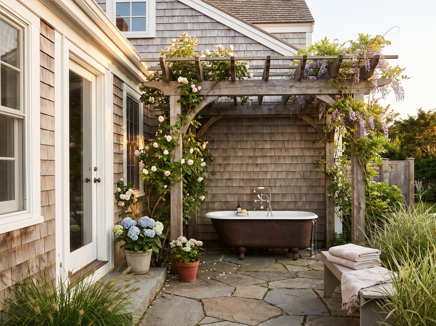 Clawfoot Bathtub Beneath Timber Pergola