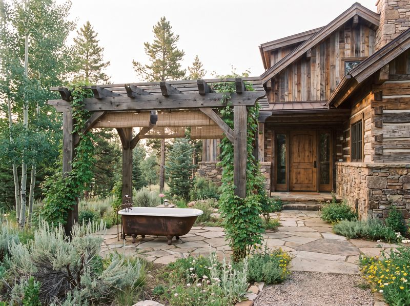 Freestanding Bathtub Under Timber Pergola