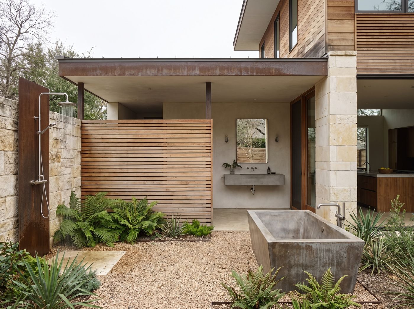 Outdoor Bathroom with Concrete Soaking Tub